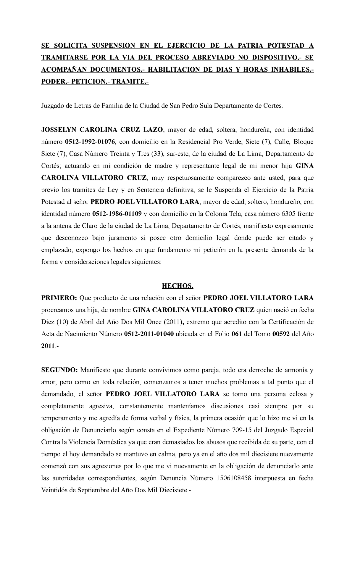 Demanda DE Suspension DE Patria Potestad Josselyn Carolina CRUZ LAZO ...