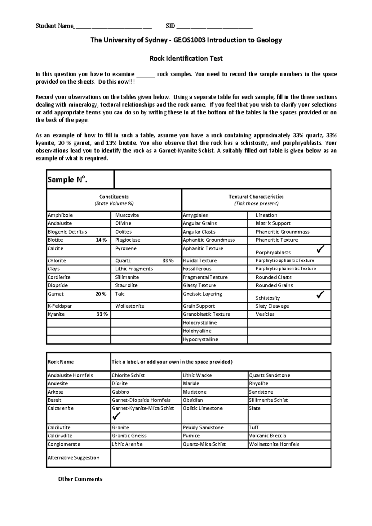 GEOS1003 Rock Quiz Template Theठ⃚Universityठ⃚ofठ⃚Sydneyठ⃚ૐ퀐
