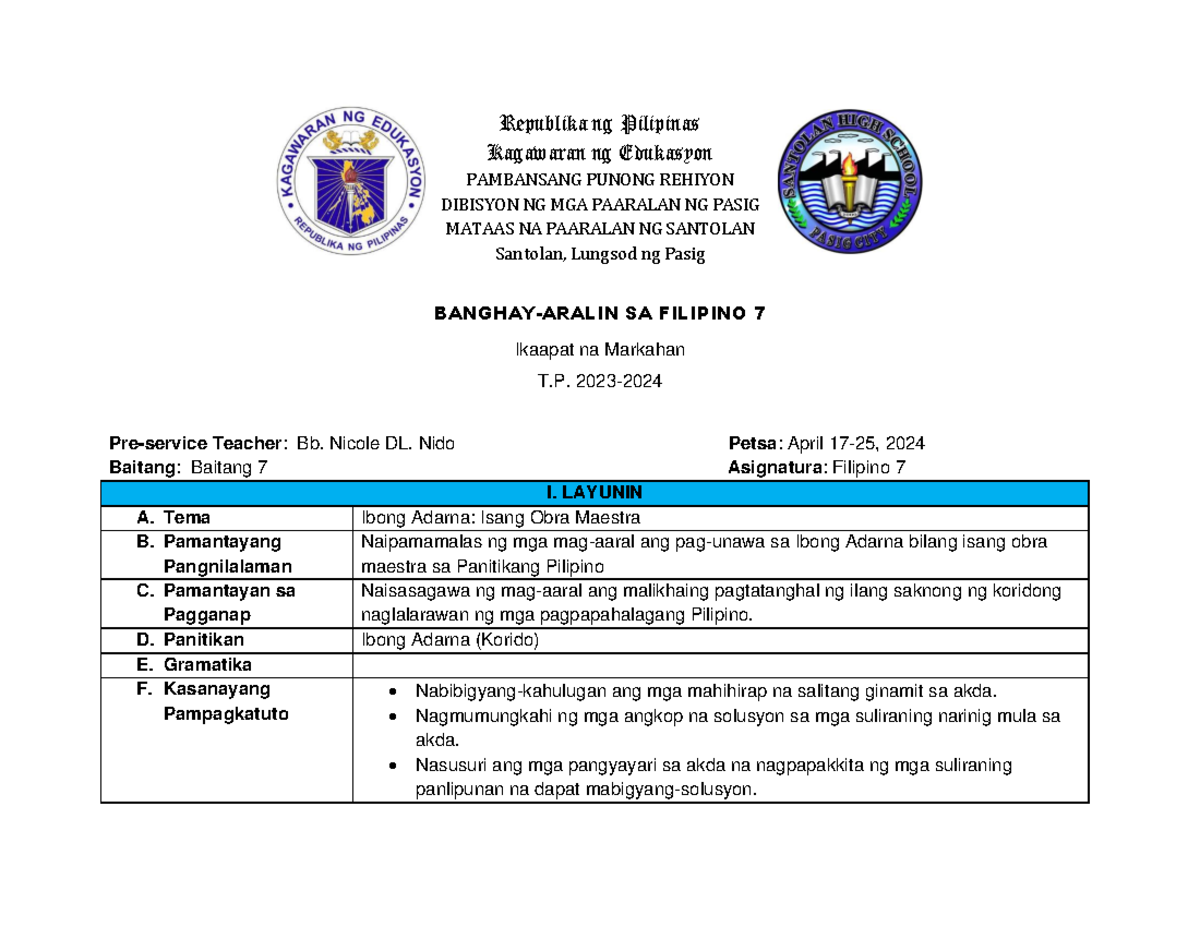 M4 5 6 7 1 Weeklp Republika Ng Pilipinas Kagawaran Ng Edukasyon Pambansang Punong Rehiyon 6883