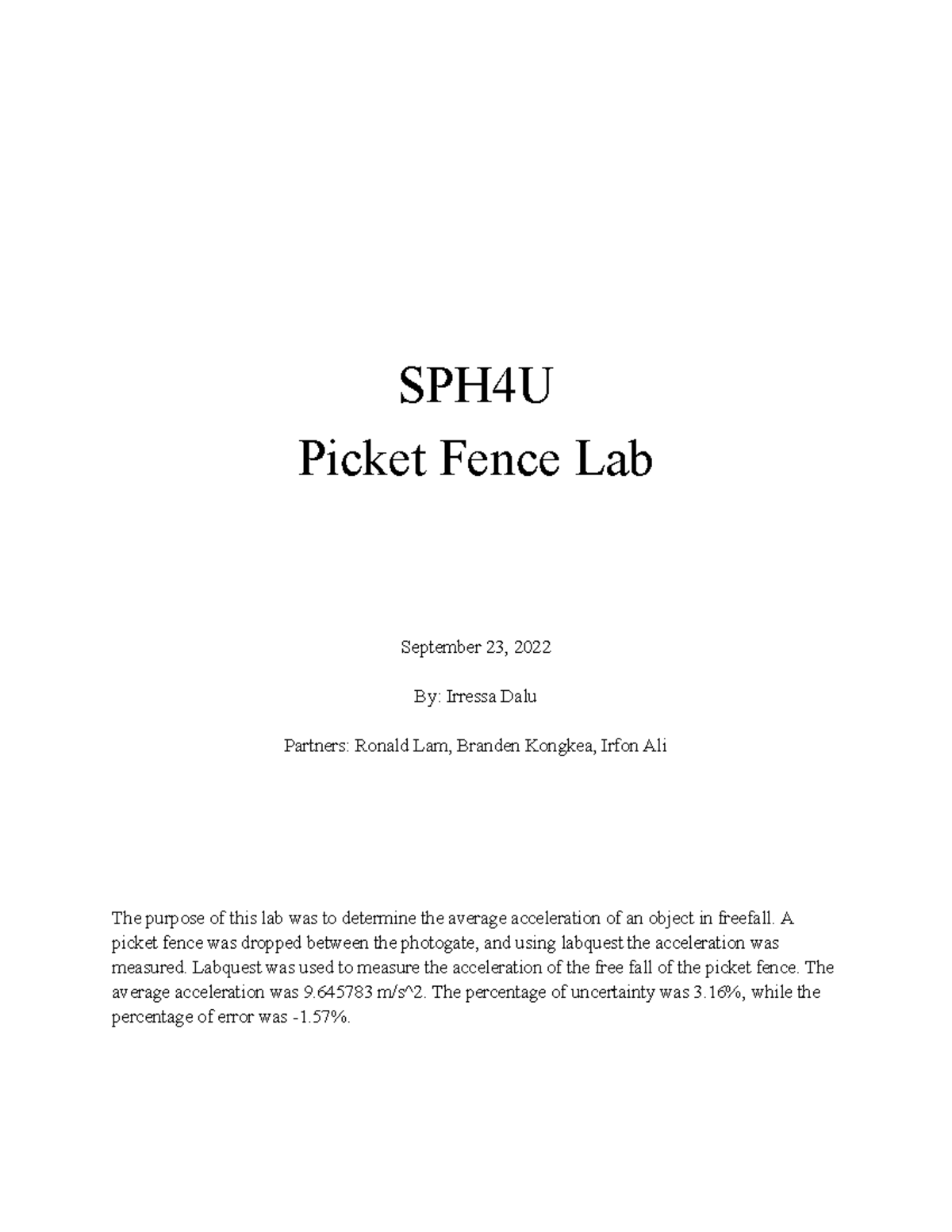 Picket Fence Lab Lab report SPH4U Picket Fence Lab September 23
