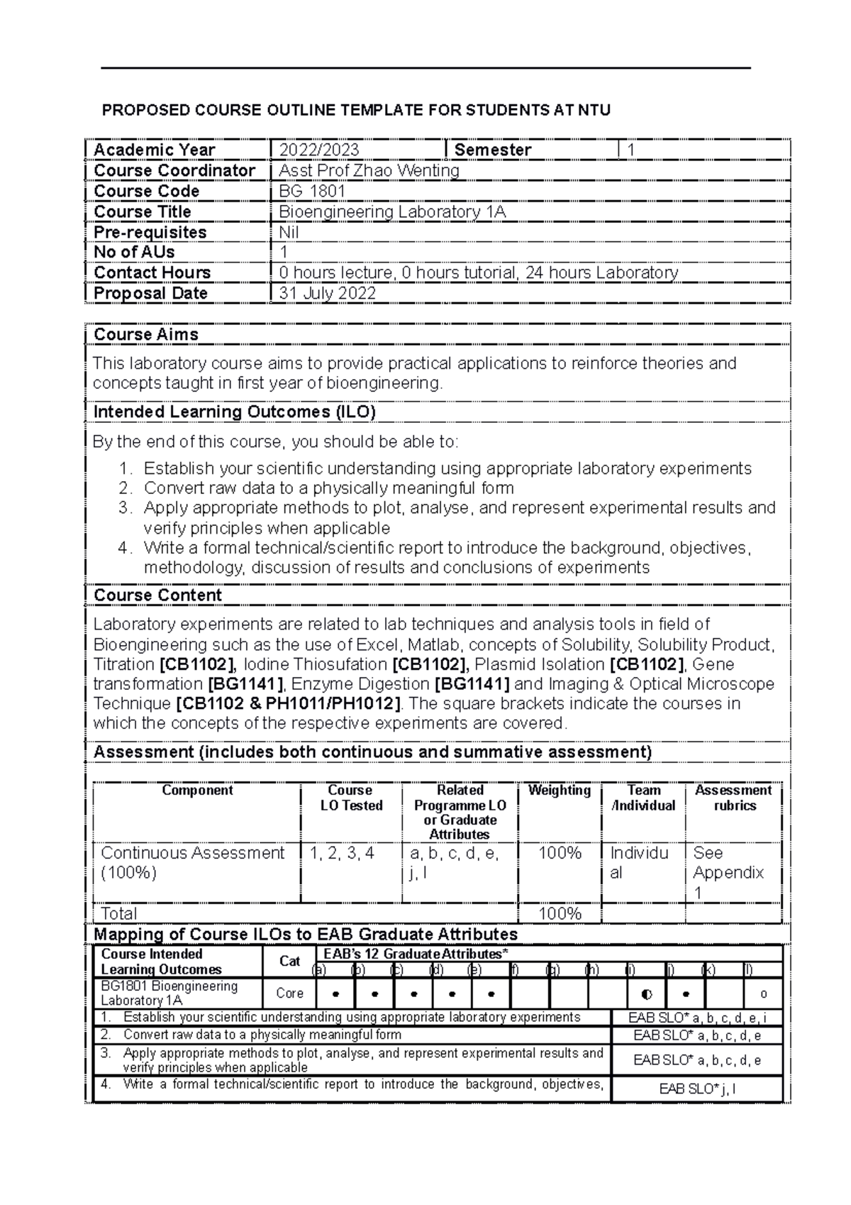 BG1801 Bioengineering Laboratory 1A Course Outline 2022 ul - PROPOSED ...