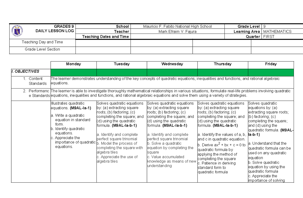 DLL-WK 1-LC 1 - LESSON PLAN - GRADES 9 DAILY LESSON LOG School Mauricio ...