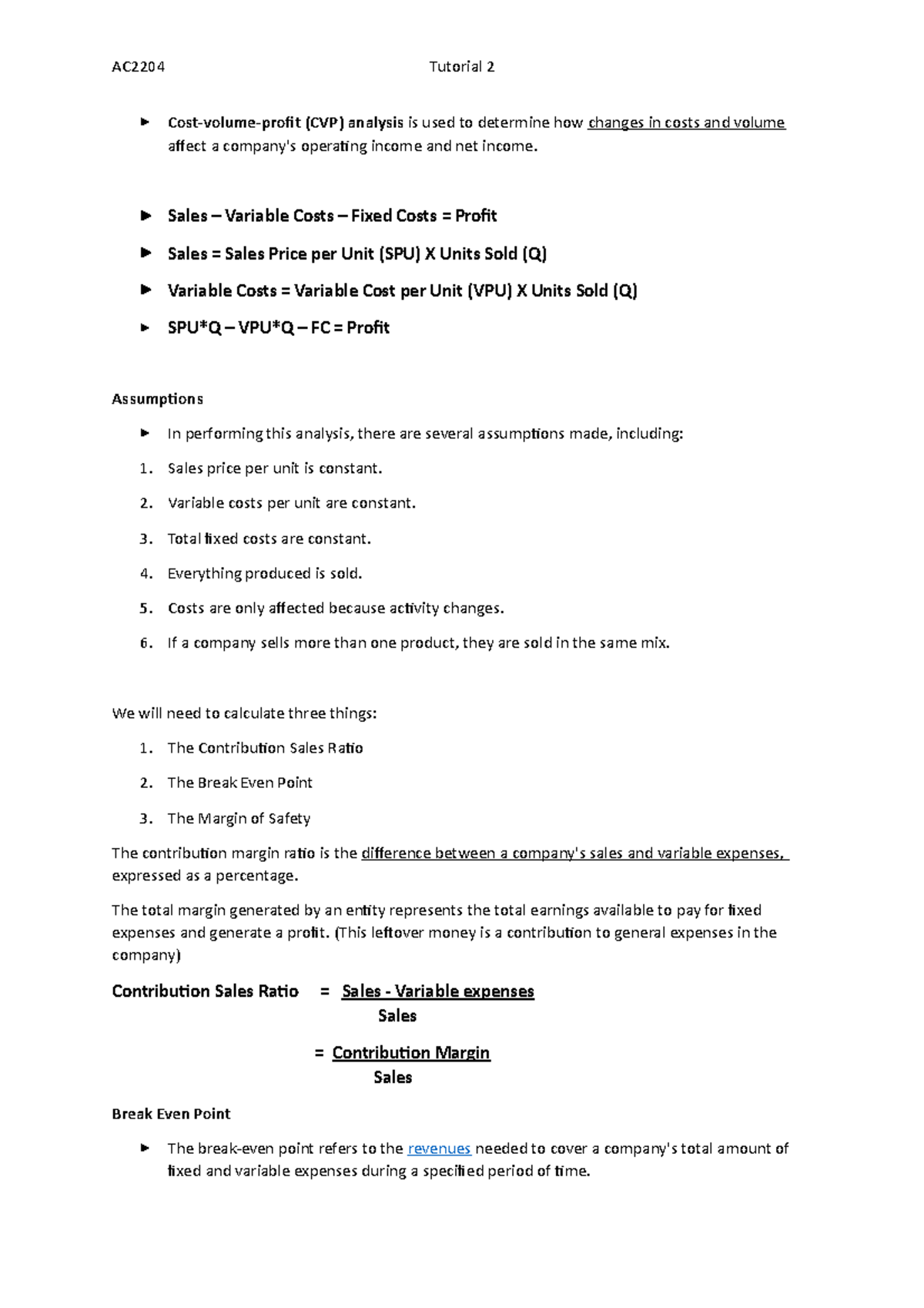 Tutorial 2 notes - AC2204 Tutorial 2 Cost-volume-profit (CVP) analysis ...