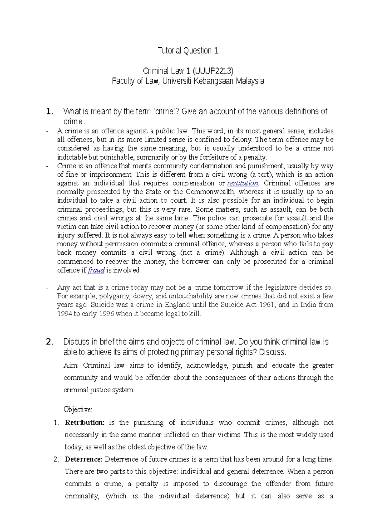 Criminal Law 1 Tutorial Question 1 Tutorial Question 1 Criminal Law 1