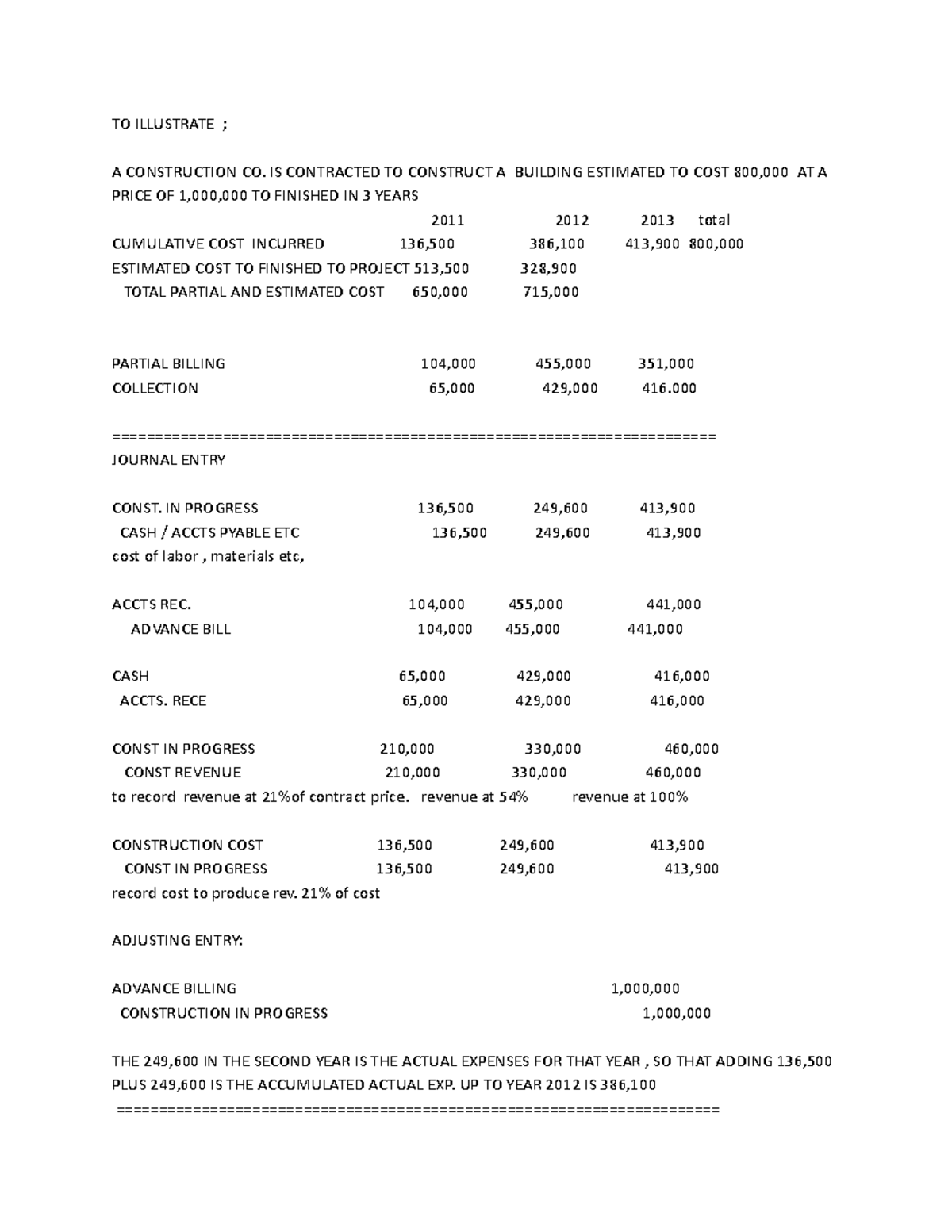 Acc614 Q2 - Lecture - To Illustrate A Construction Co. Is Contracted To 