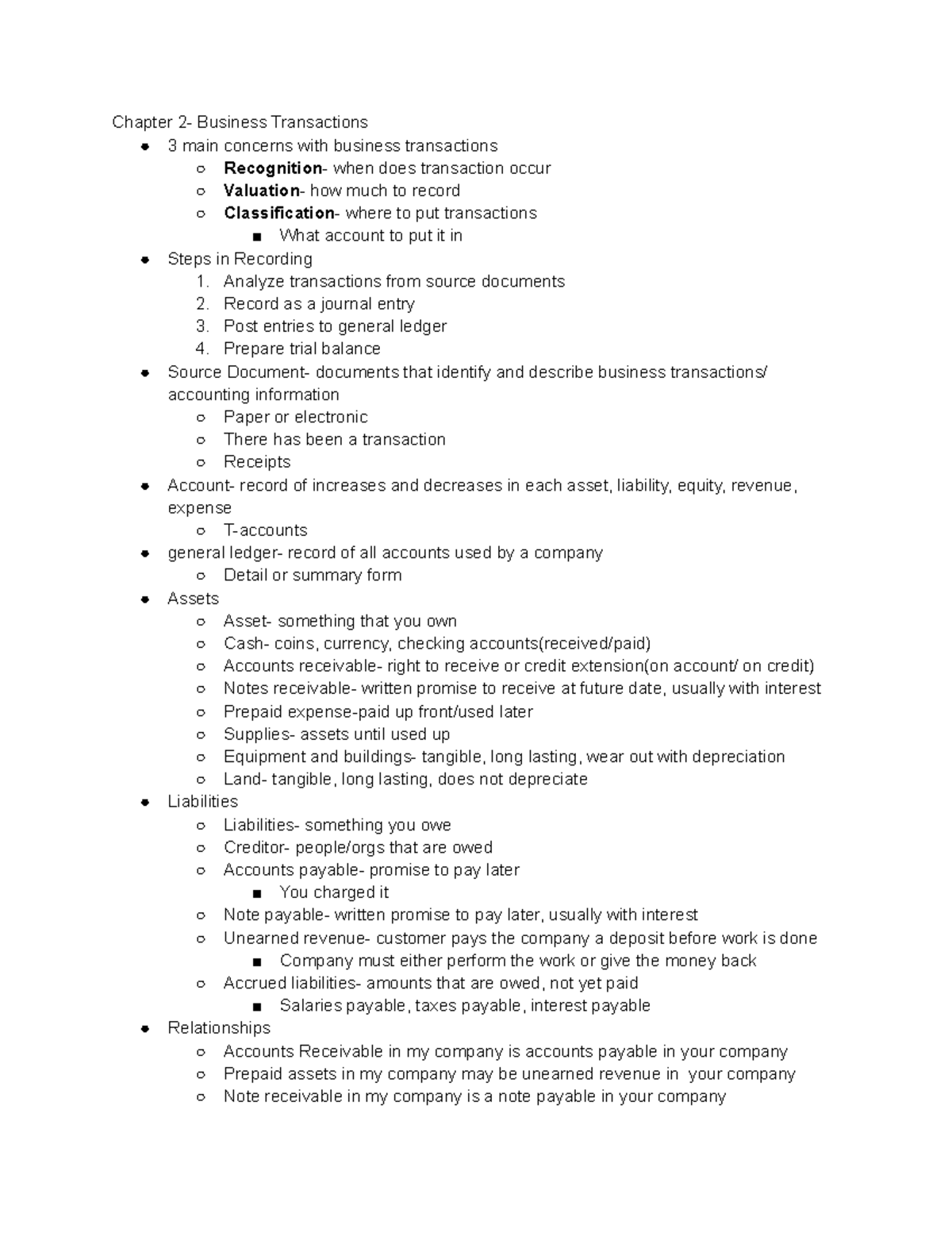 Accy 201 CH 2 in class notes - Chapter 2- Business Transactions 3 main ...
