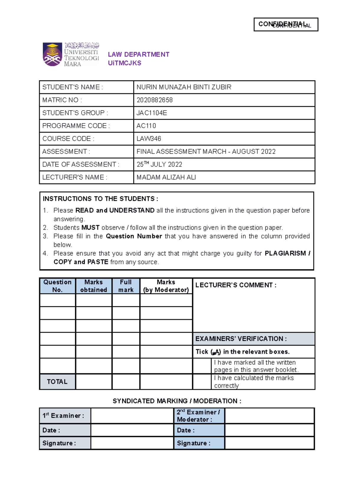 Cover page answer script LAW346 - CONFIDENTIAL LAW DEPARTMENT UiTMCJKS ...