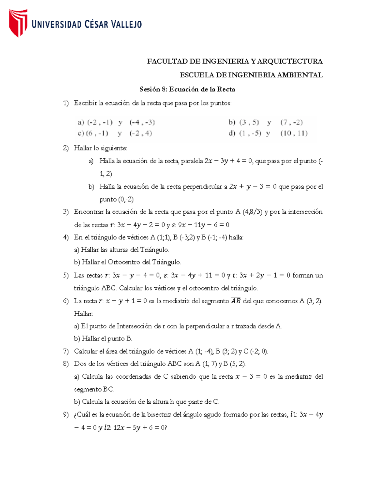 Trabajo Recta Ejercicios De Matem Ticas Facultad De Ingenieria Y Arquictectura Escuela