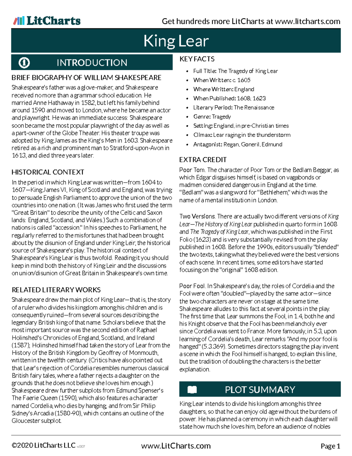 King-Lear-Lit Chart - King Lear BRIEF BIOGRAPHY OF WILLIAM SHAKESPEARE ...