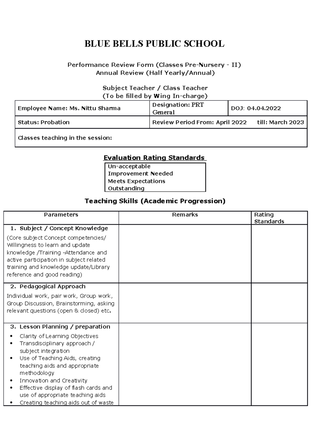 Nittu Sharma - ... - BLUE BELLS PUBLIC SCHOOL Performance Review Form ...