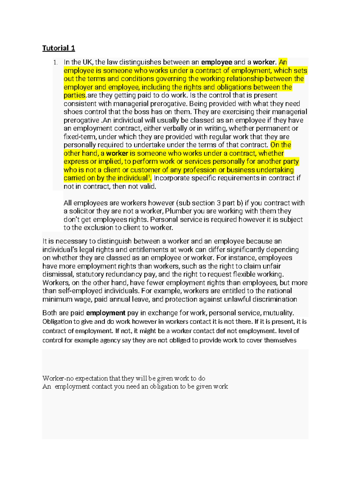Employee law tutorial notes - Tutorial 1 1. In the UK, the law ...