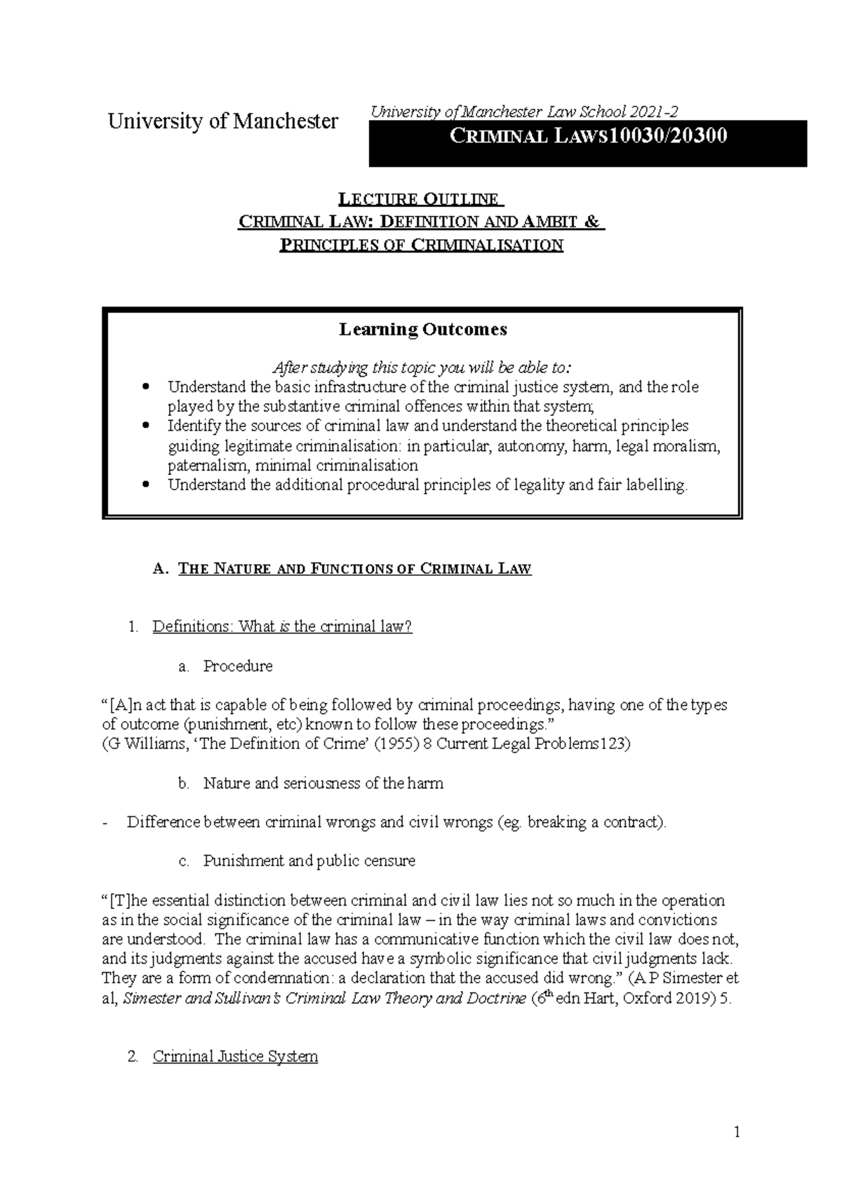 Criminal Law 1 - lecture notes - University of Manchester University of ...