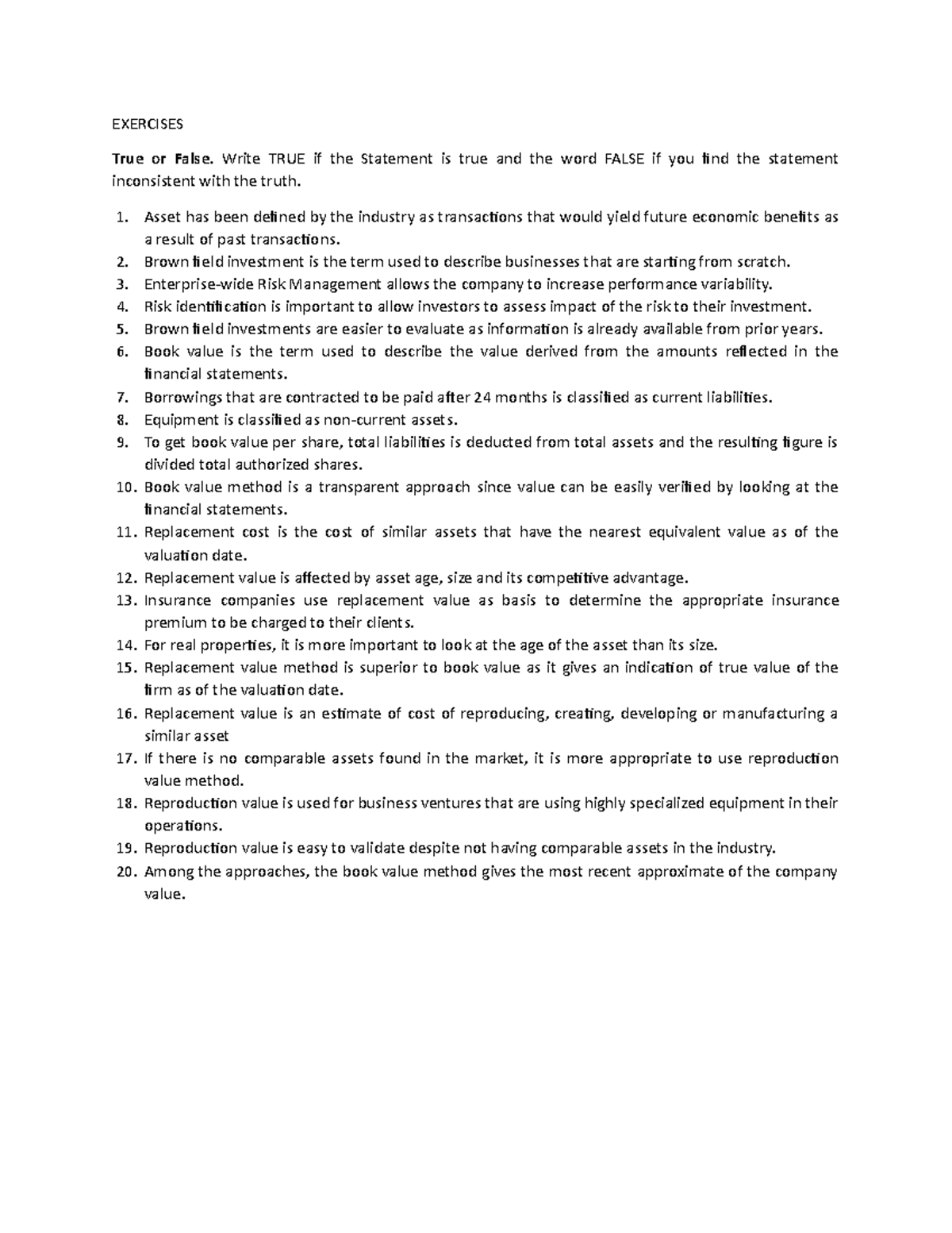 VCM Chapter 2 TF - EXERCISES True or False. Write TRUE if the Statement ...