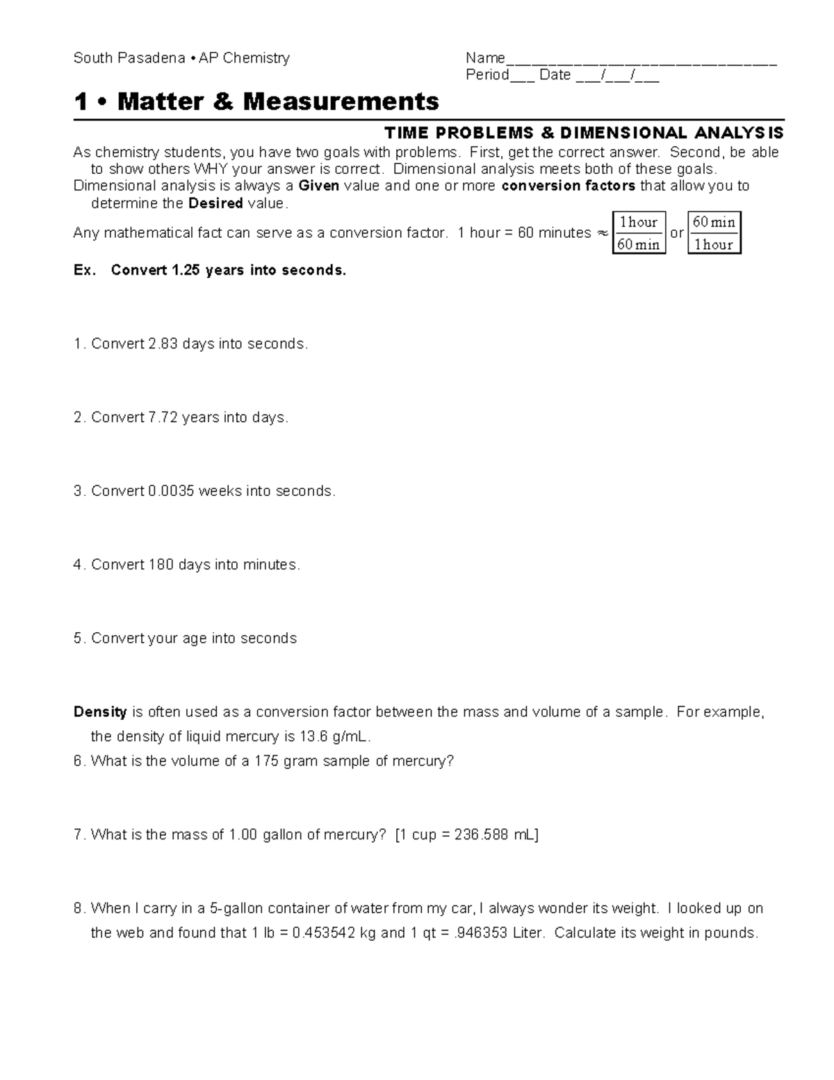 Apch01 dimanal - South Pasadena • AP Chemistry Name