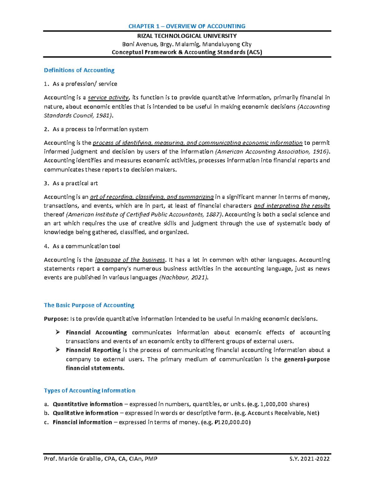 Chapter 1 introduction to accounting overview, definitions - RIZAL ...