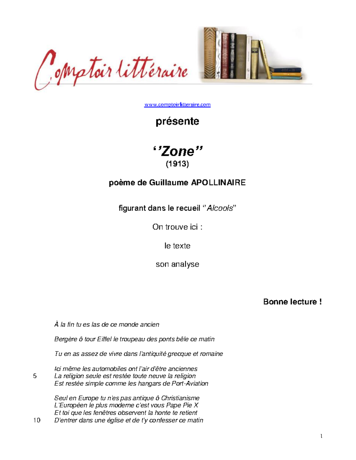 apollinaire zone comptoirlitteraire présente ‘’Zone’’ (1913) poème de