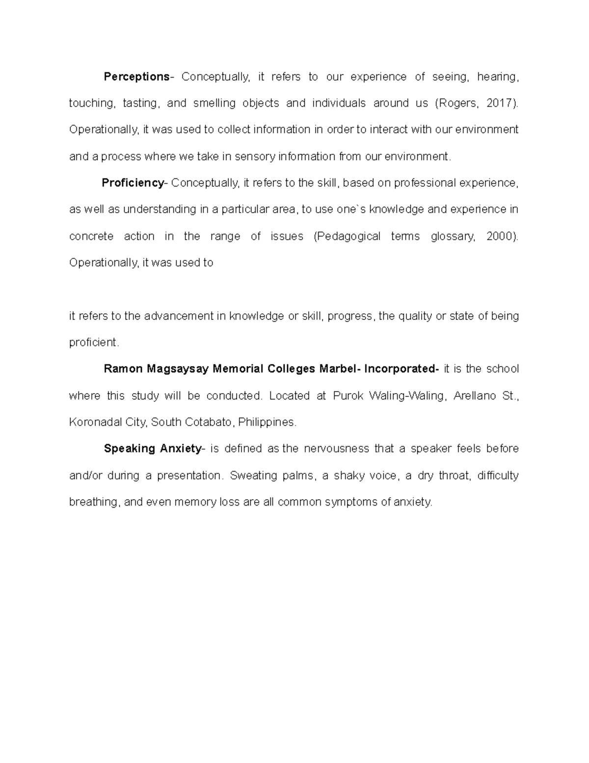 Definition of terms Operationally and Conceptually Perceptions