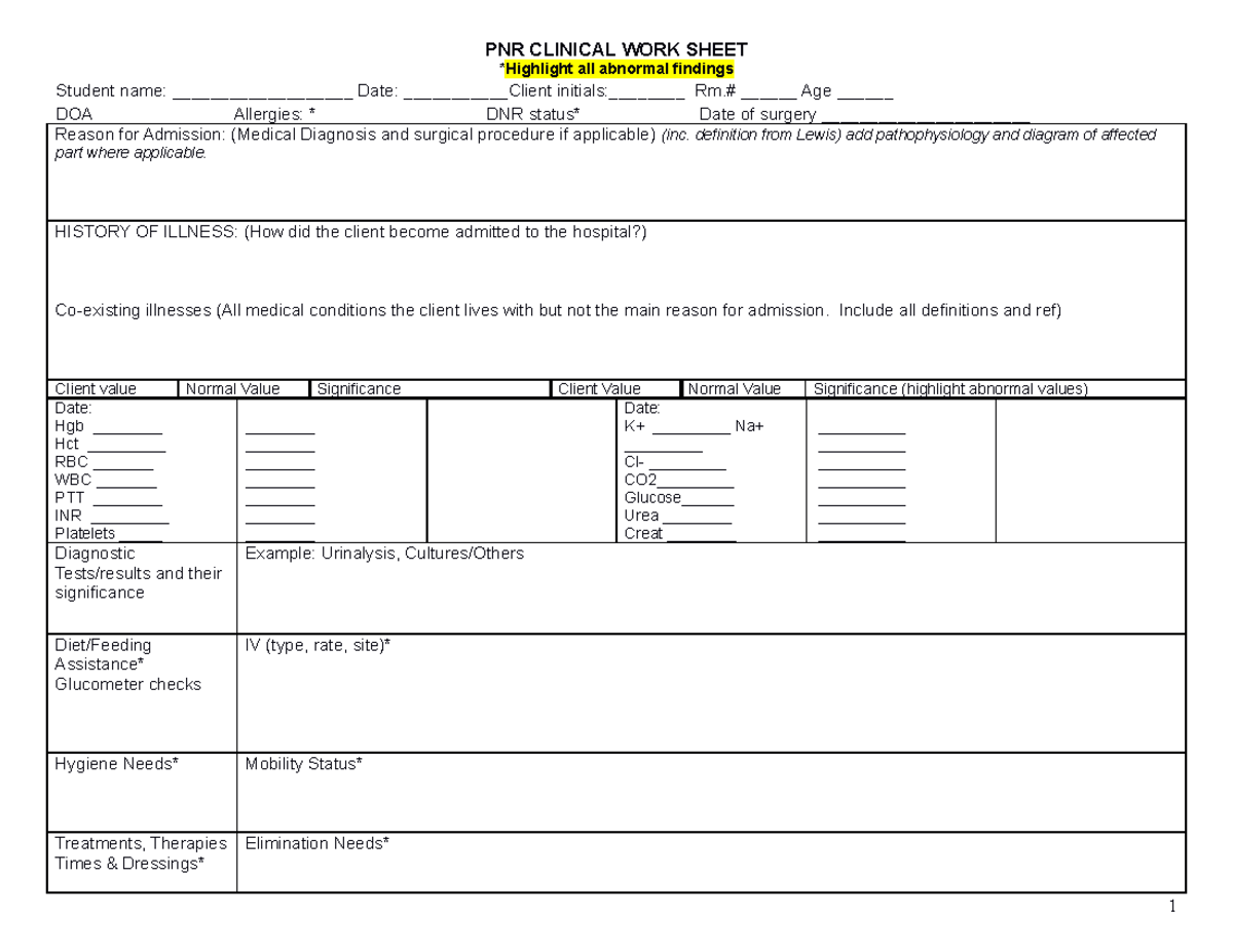 Final Clinical Worksheet Third Semester 2019 - PNR CLINICAL WORK SHEET ...