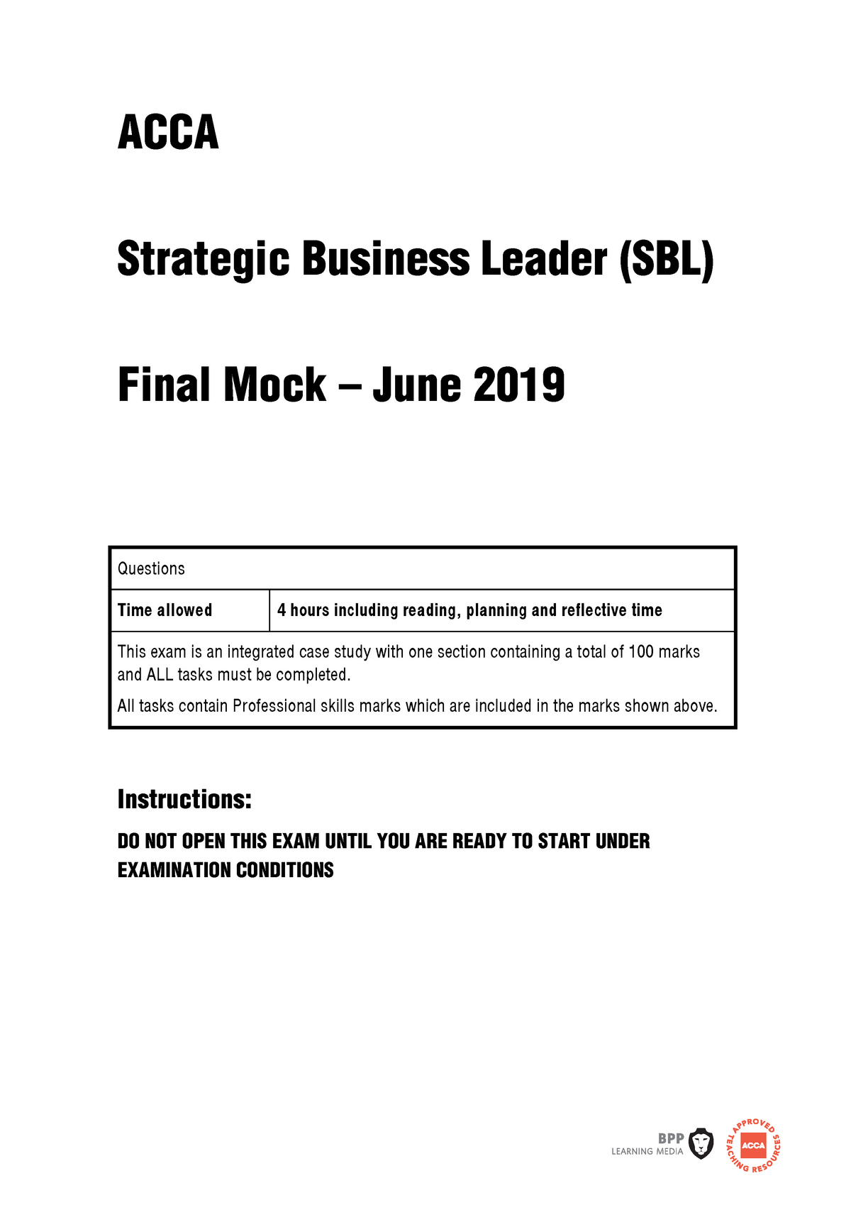 ACCA - Strategic Business Leader (SBL) June 19 Mock Questions - ACCA ...