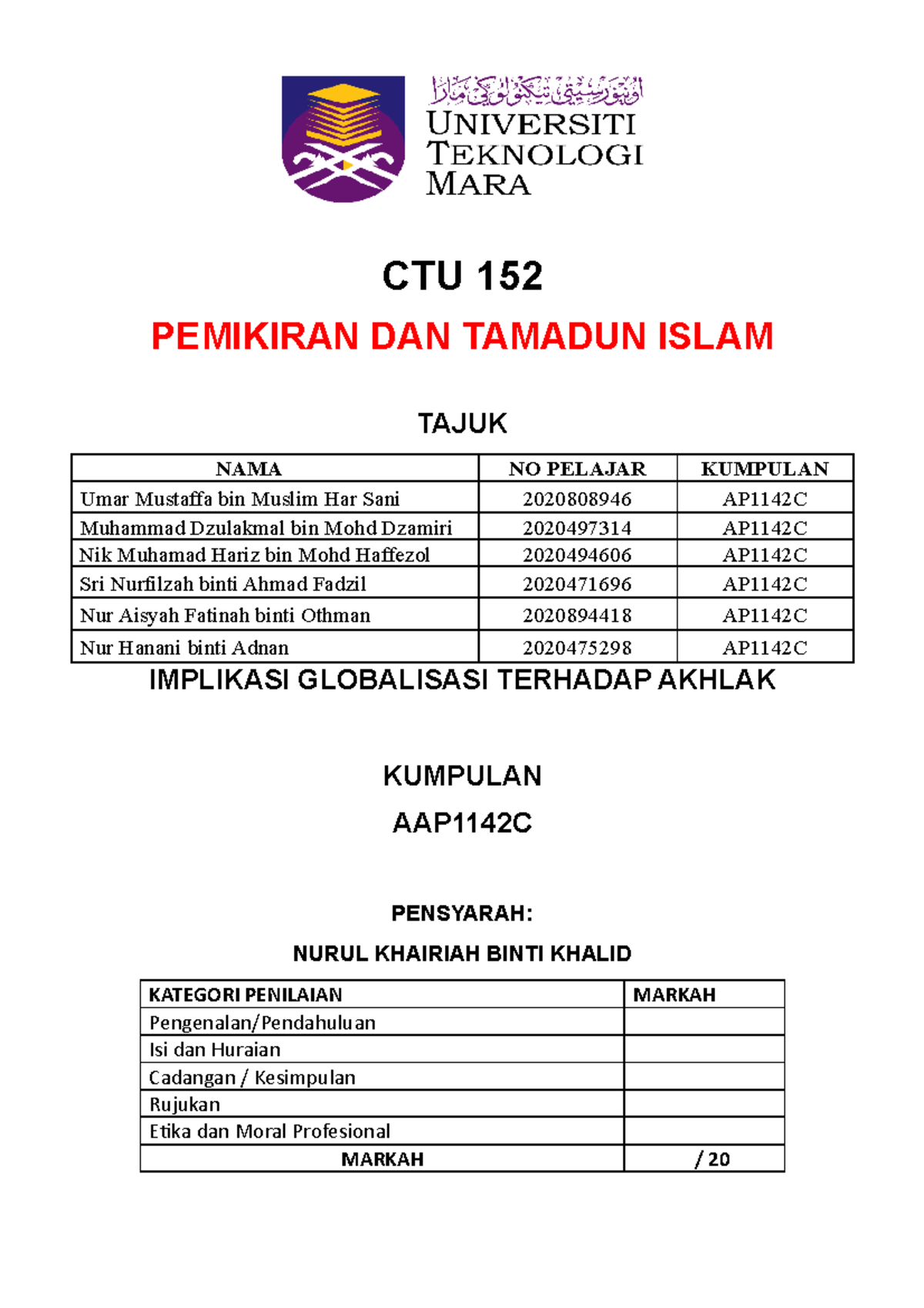 Kertas Kerja Group - Assignment - CTU 152 PEMIKIRAN DAN TAMADUN ISLAM ...