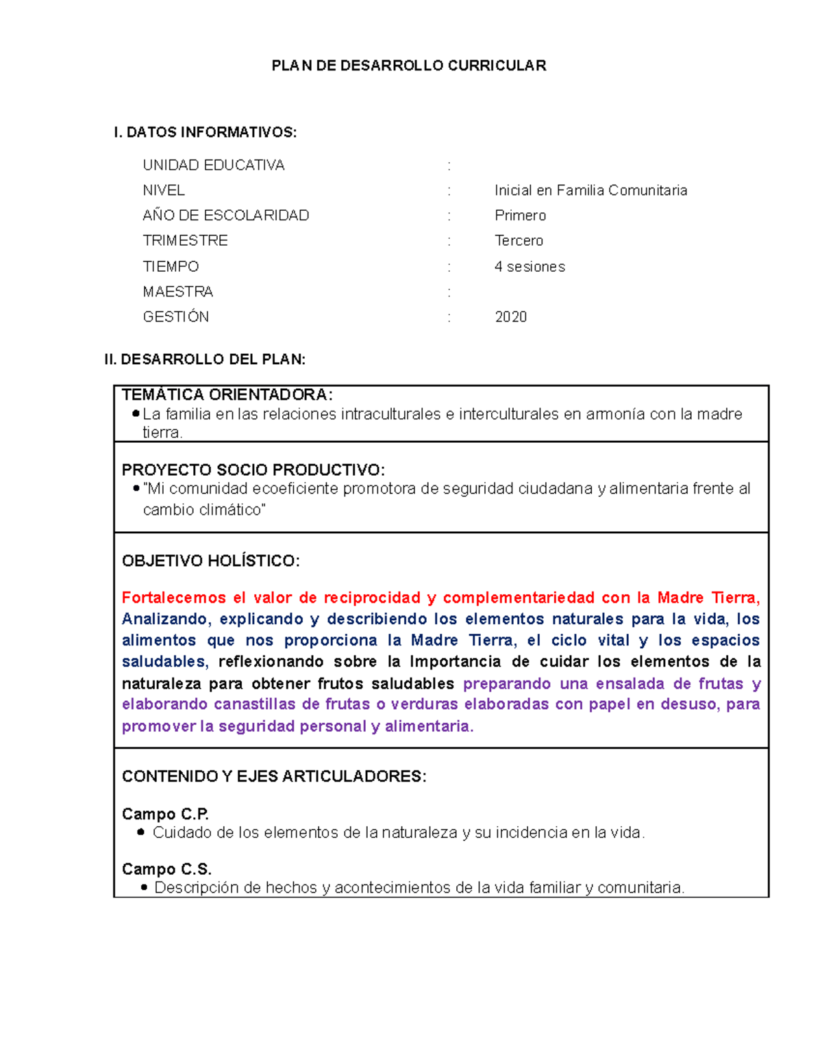 PDC - Plan de clase - PLAN DE DESARROLLO CURRICULAR I. DATOS ...