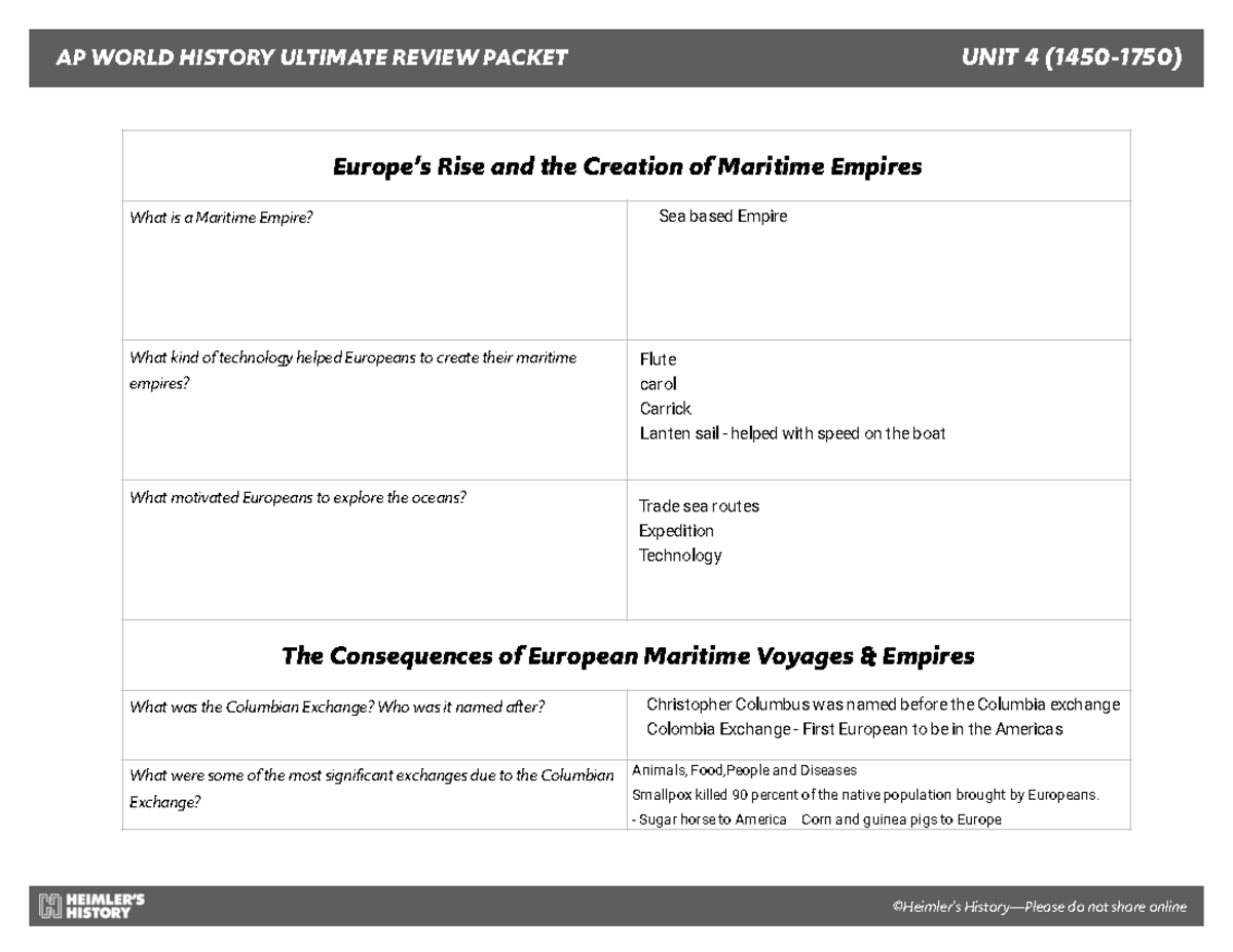 Kami Export Unit 4 Notes AP WORLD HISTORY ULTIMATE REVIEW PACKET