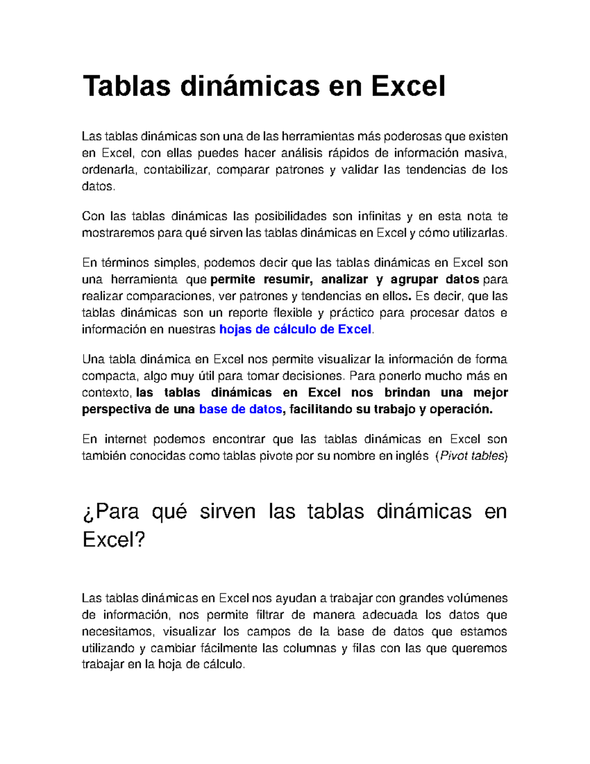 Tablas dinámicas en Excel Tablas dinámicas en Excel Las tablas