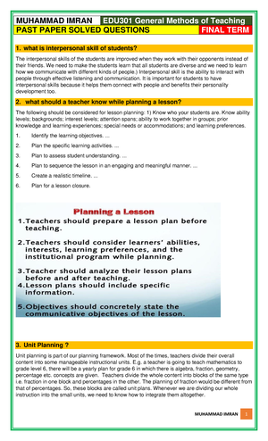 EDU301 ( QUIZ 1) (MID TERM MCQs ) Final TERM (ALL IN ONE FILE ...