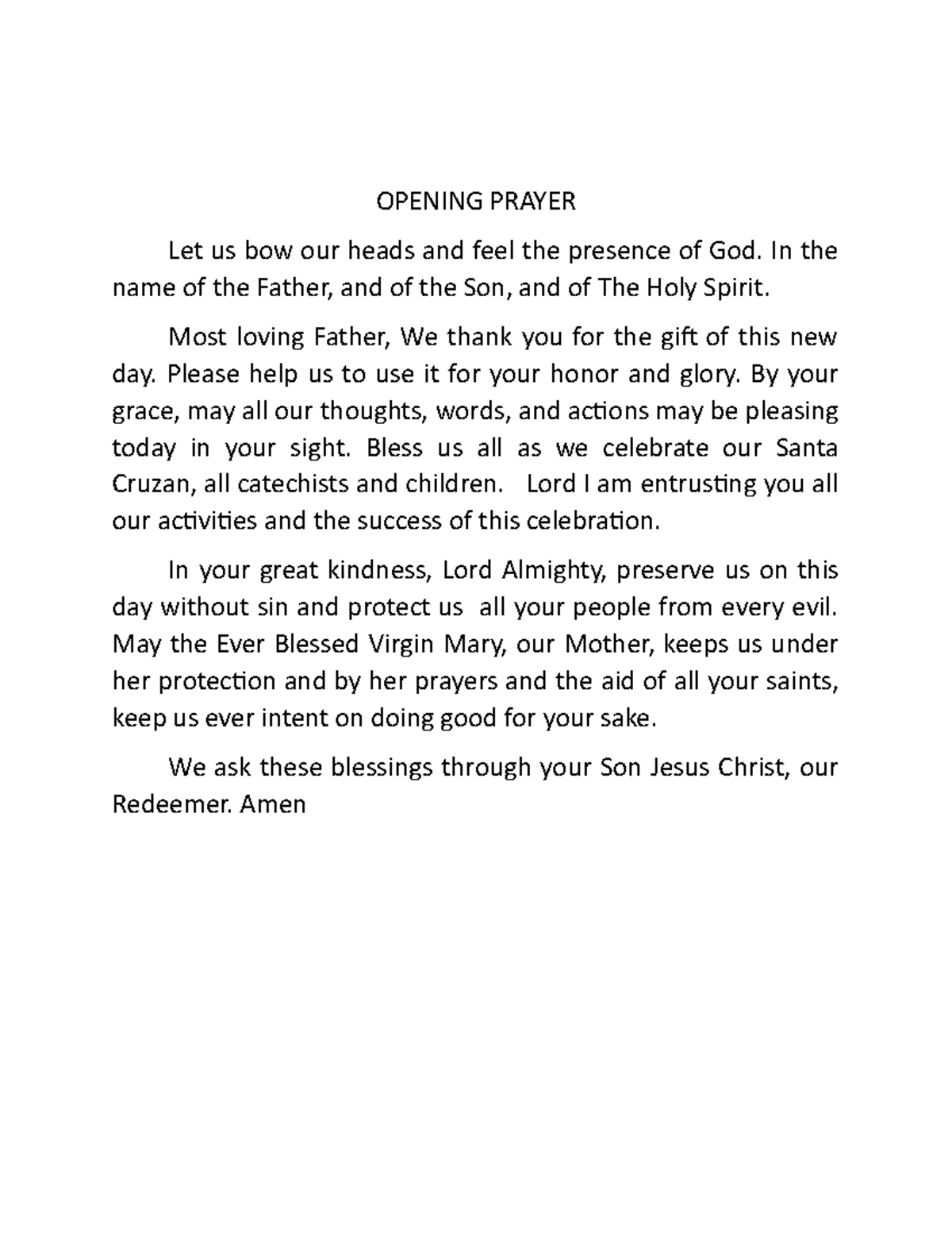 Opening Prayer - Lecture notes 1 - OPENING PRAYER Let us bow our heads