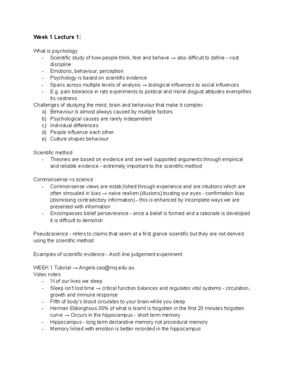 PSYU1101 tutorial notes - Week 1 Lecture 1: What is psychology ...