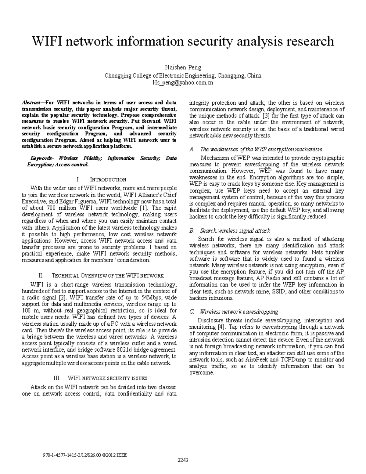 WIFI network information security analysis research com Abstract—For