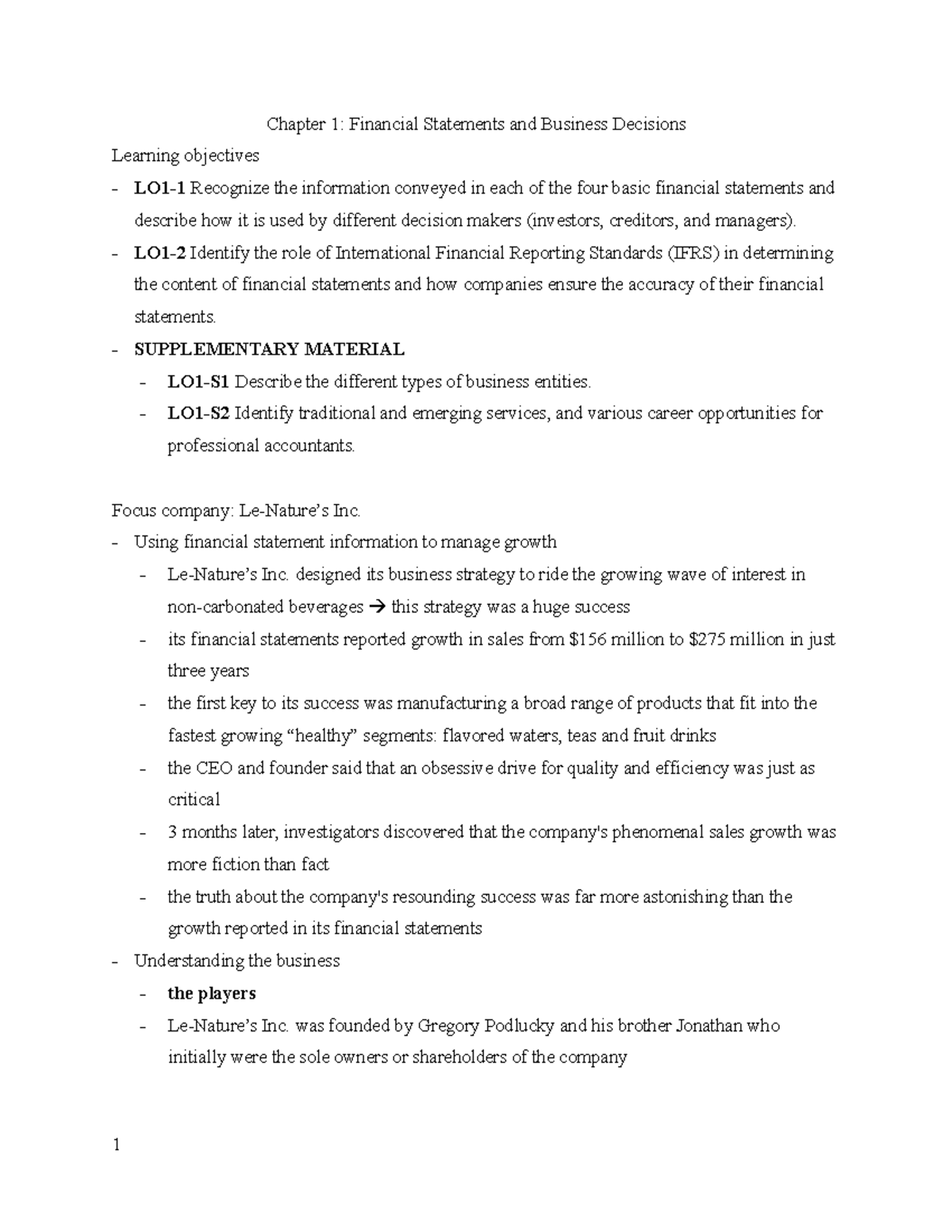 Chapter 1 - textbook notes - Chapter 1: Financial Statements and ...