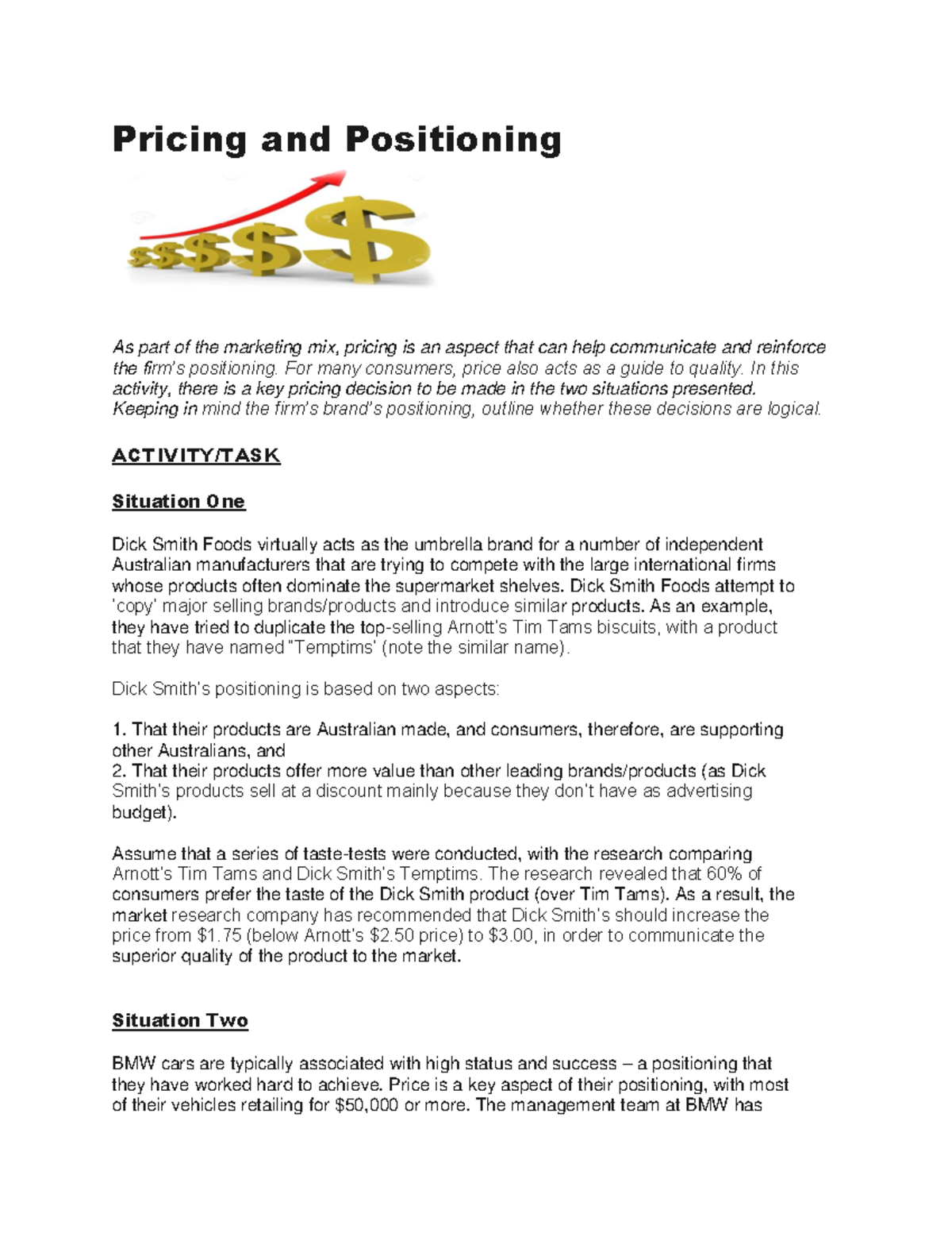 Class 9 - Pricing and Positioning Activity - Pricing and Positioning As ...