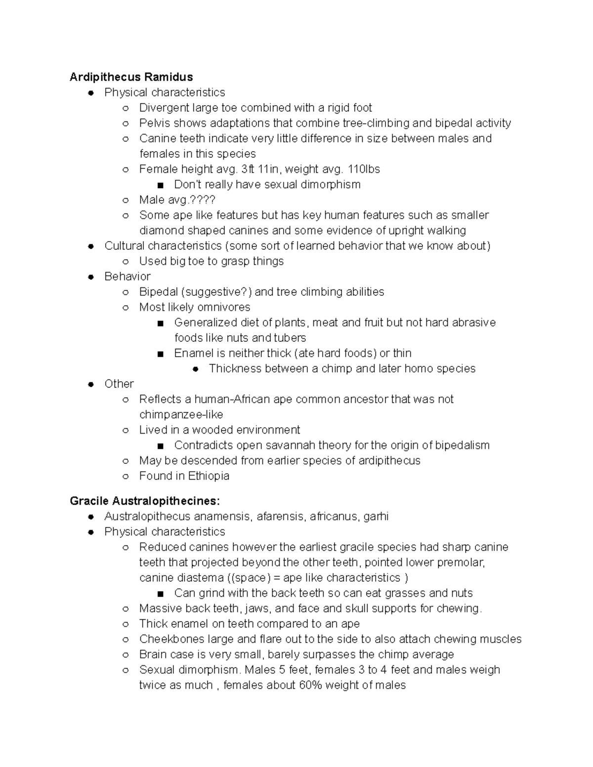 Anth 101 Fossil Summary Ardipithecus Ramidus Physical characteristics
