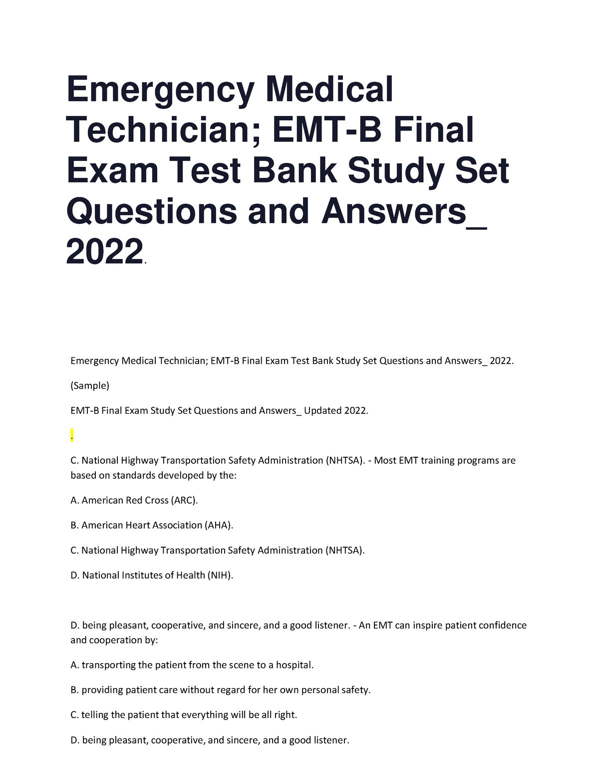 August 1 Emergency Medical Technician EMT B Final Exam Test Bank Study ...