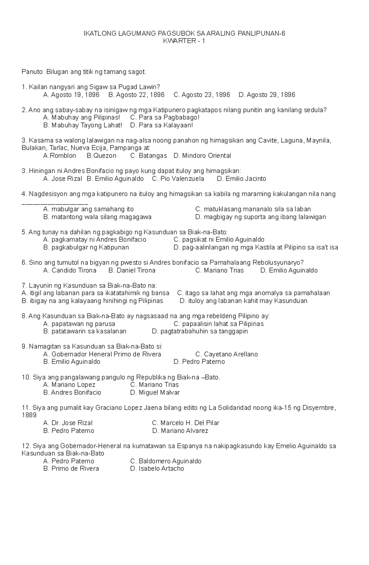 ST 3 Araling Panlipunan Q1 - IKATLONG LAGUMANG PAGSUBOK SA ARALING ...