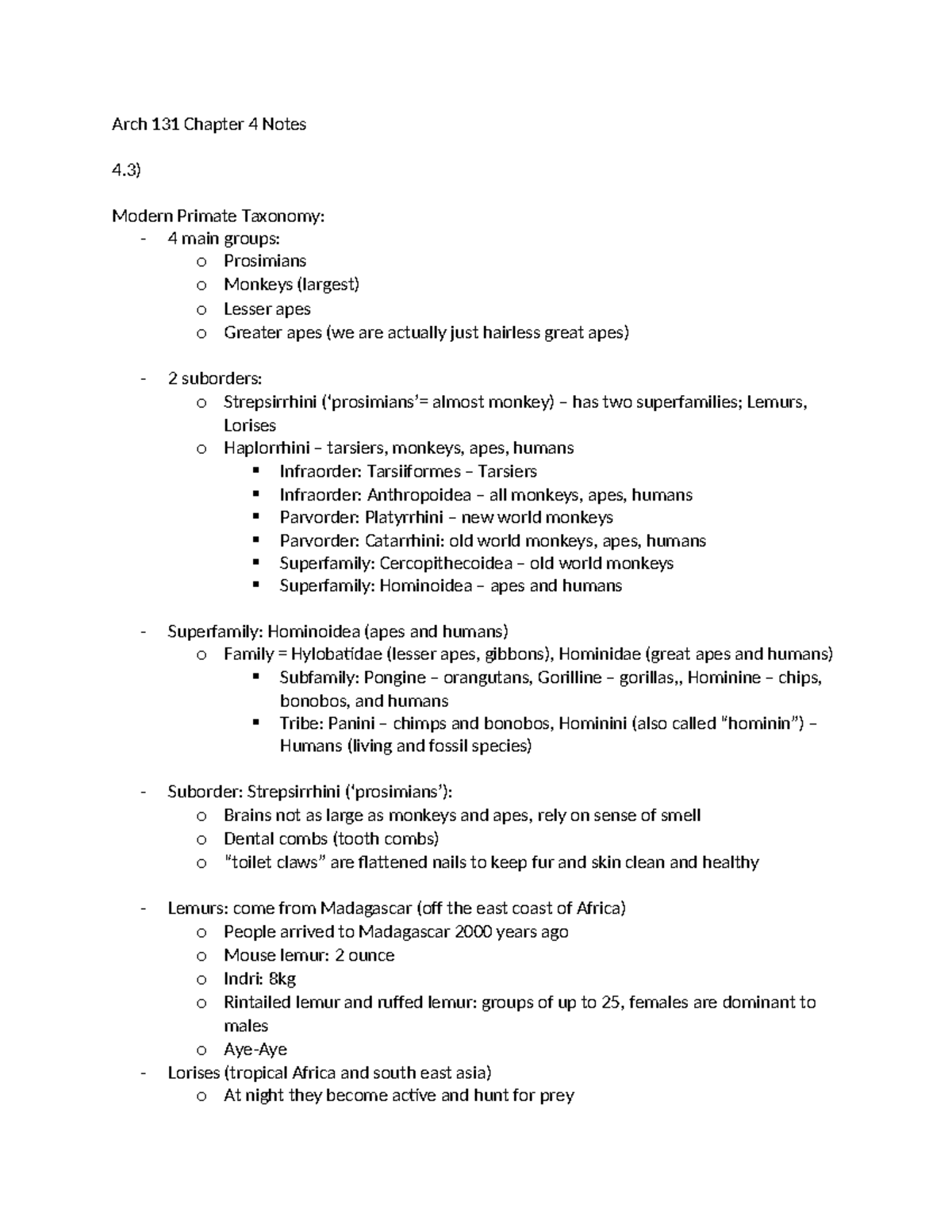 Arch 131 Chapter 4 Notes - Arch 131 Chapter 4 Notes 4) Modern Primate ...