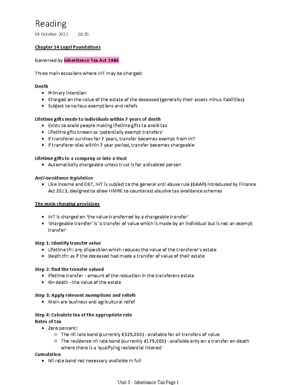 Reading notes - IHT - Chapter 14 Legal Foundations Governed by ...