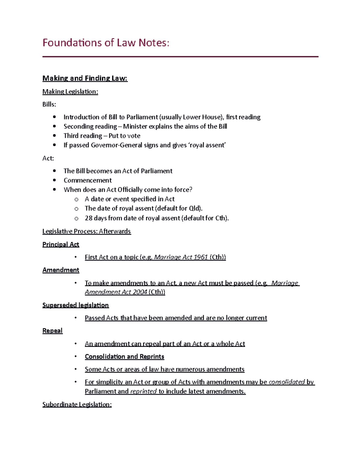 FOLS Notes Semester 1 - Foundations of Law Notes: Making and Finding ...