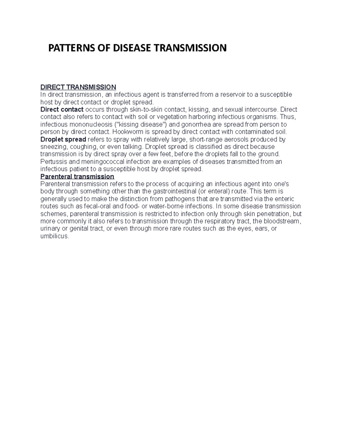 Patterns OF Disease Transmission PATTERNS OF DISEASE TRANSMISSION