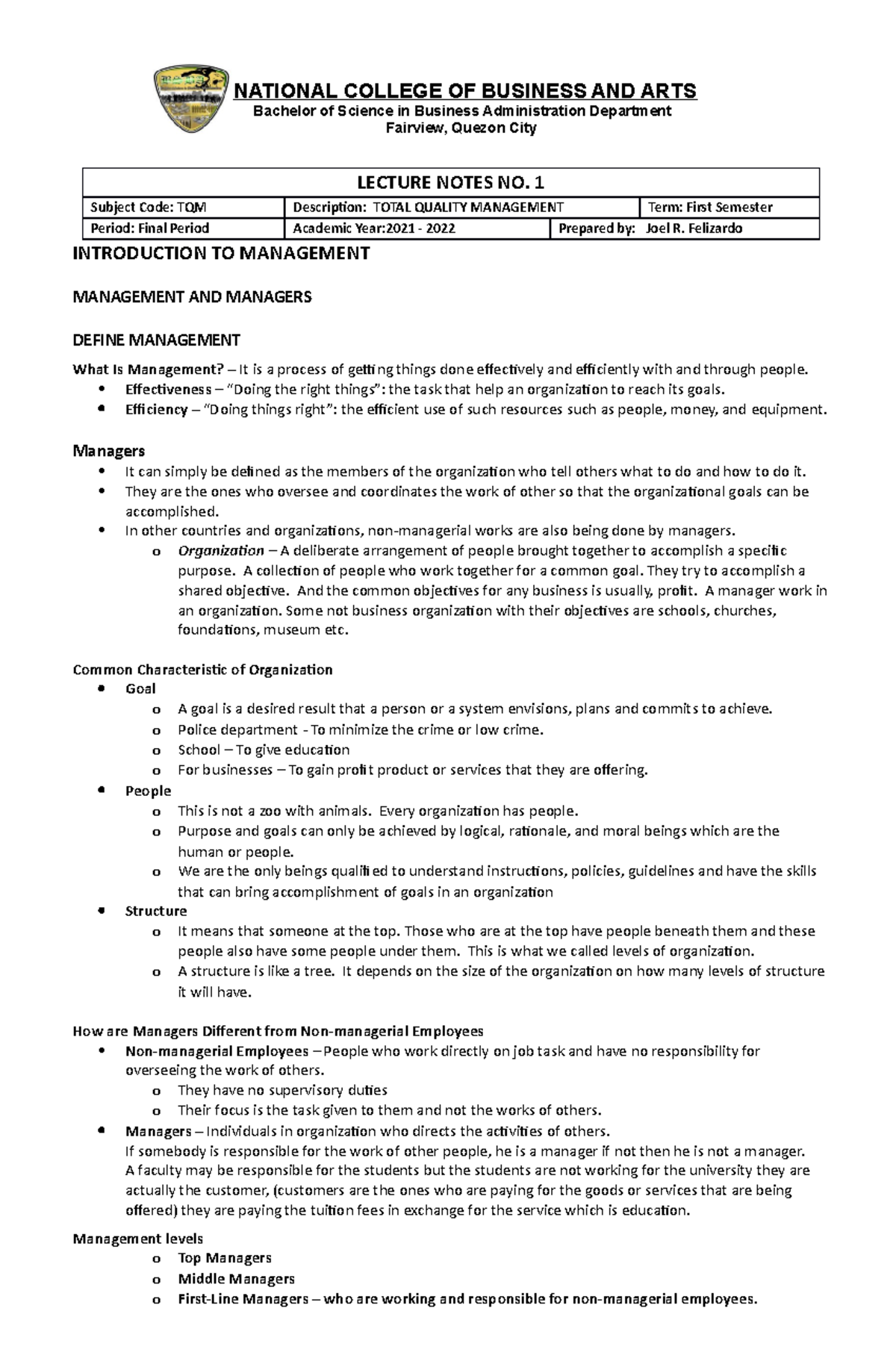 1. TQM Prelim Lecture - The Basic of Total Quality Management ...