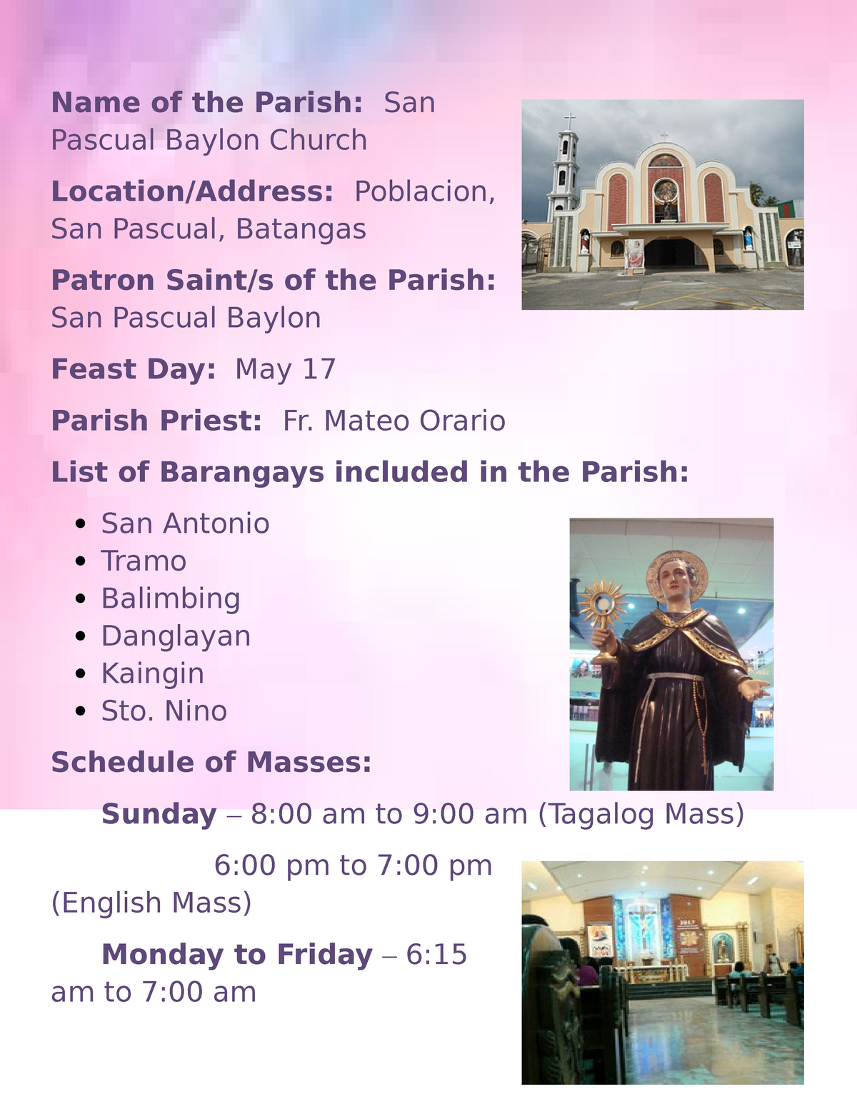 Liturgy Name Of The Parish San Pascual Baylon Church Locationaddress Poblacion San Pascual 5108