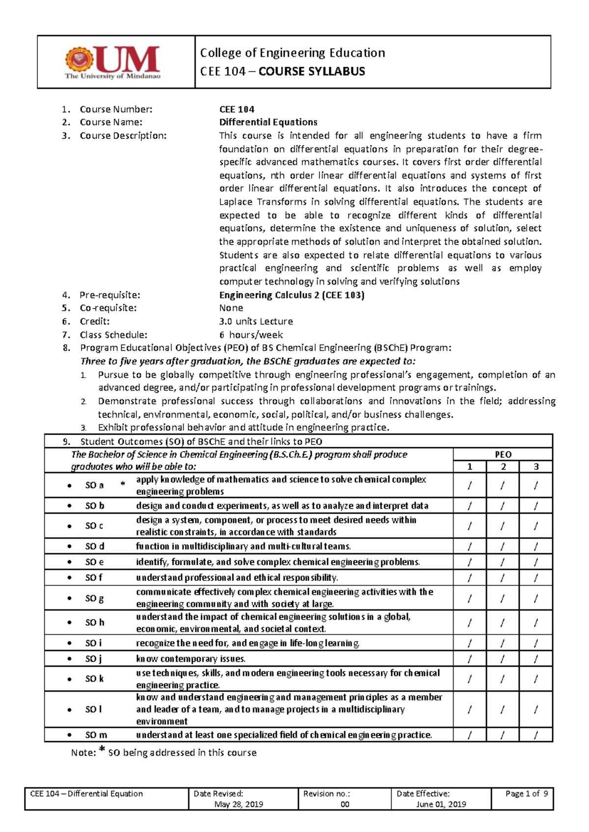 Course Syllabus CEE 104 Rev - CEE 104 – COURSE SYLLABUS CEE 104 ...