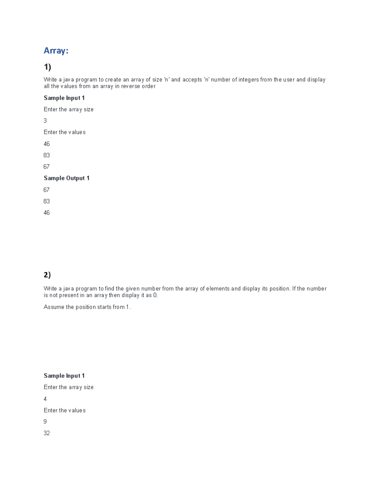 Array - Array: 1) Write a java program to create an array of size ‘n ...