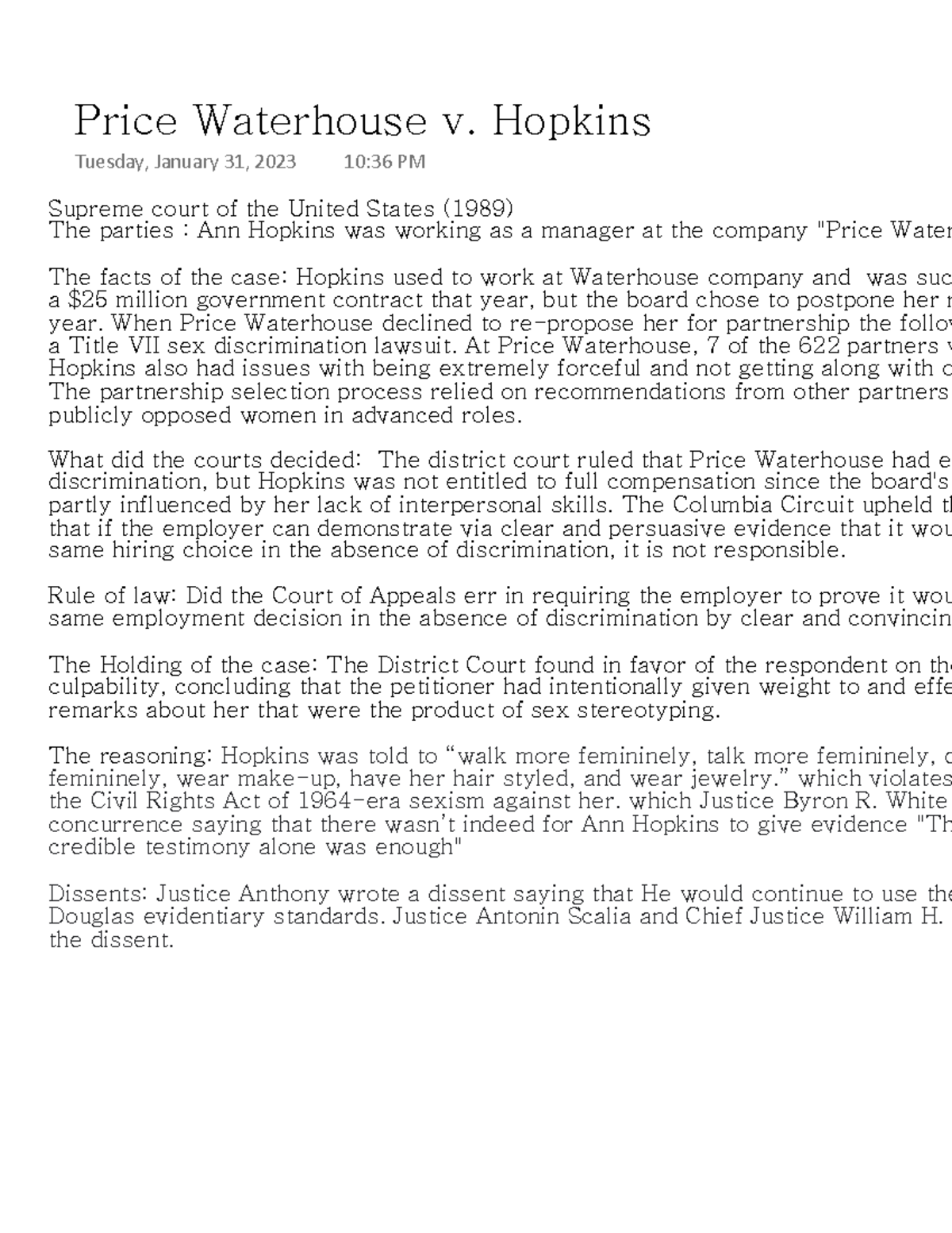 Price Waterhouse V. Hopkins - Supreme Court Of The United States (1989 ...