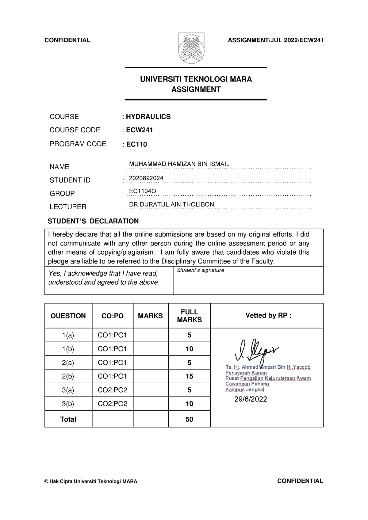 Assignment Ecw241 2020892024 - Confidential Assignment Jul 2022 Ecw 