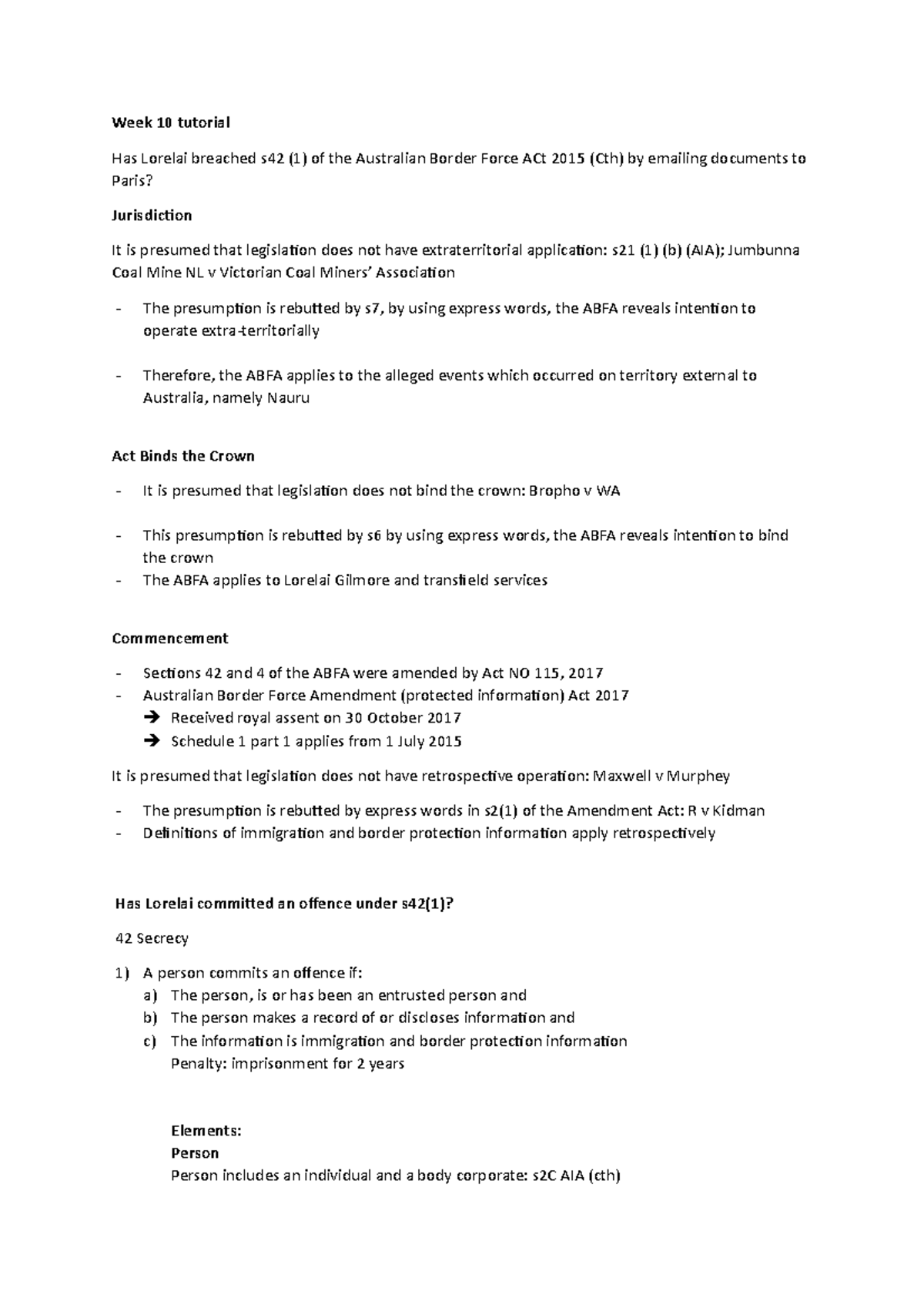 Week 10 tutorial - week 10 - Week 10 tutorial Has Lorelai breached s42 ...