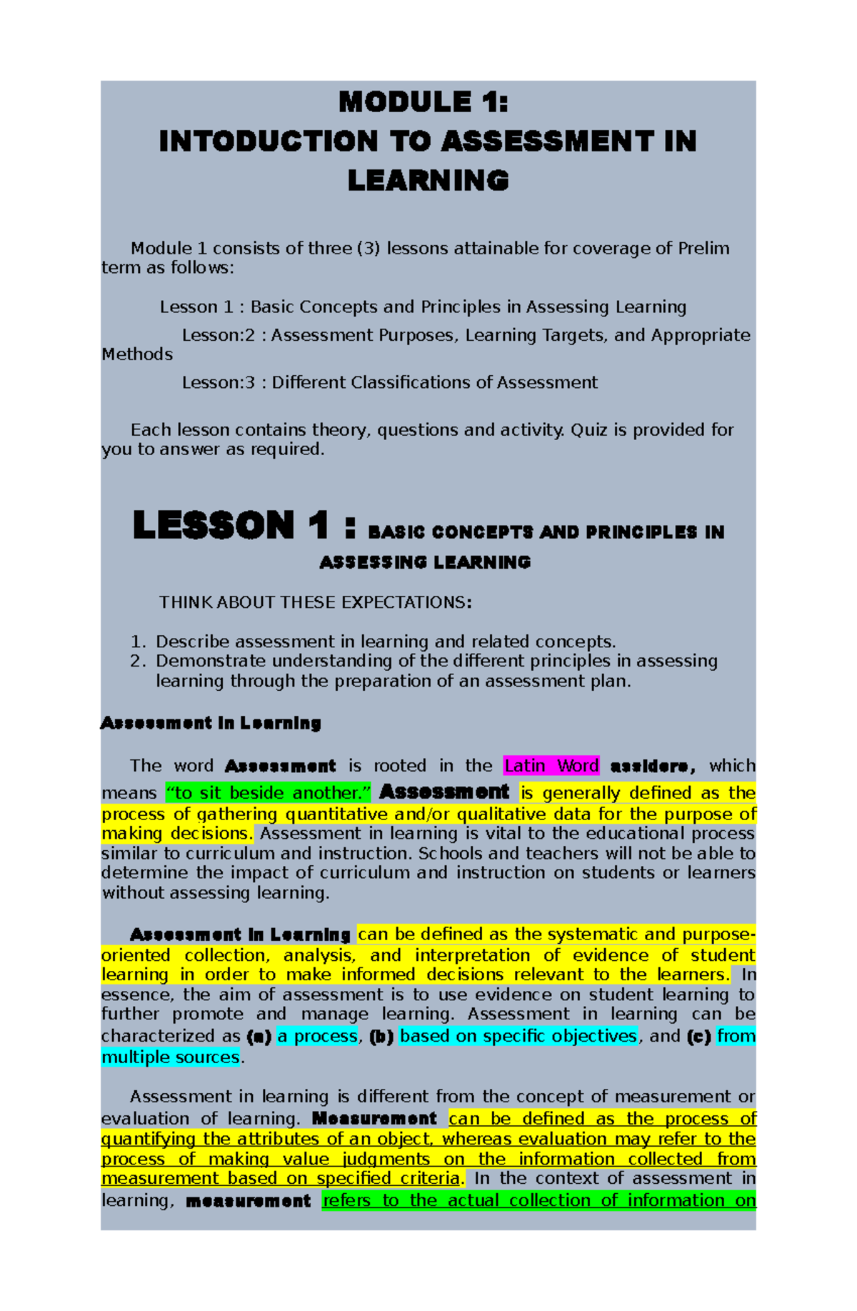 Module 1 - 4 Learning Assessment - MODULE 1 : INTODUCTION TO ASSESSMENT ...