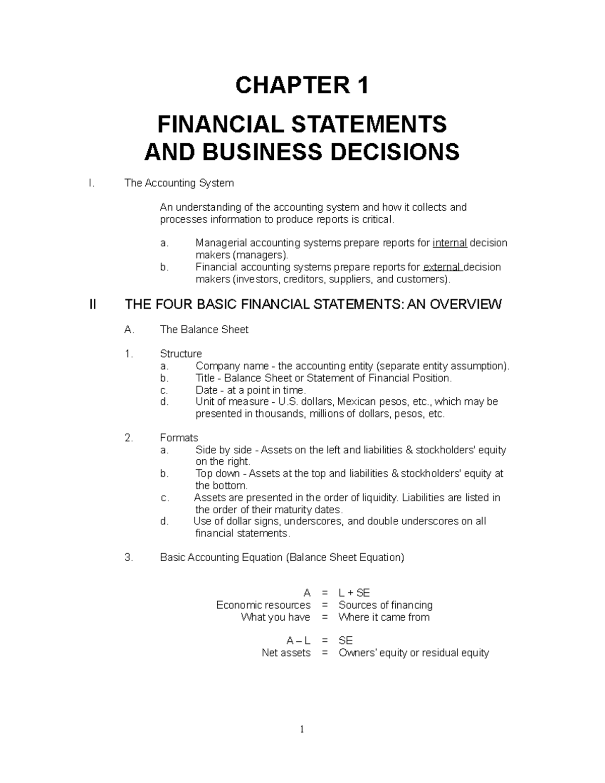 Lecture Notes - Chapter 1 - FINANCIAL STATEMENTS AND BUSINESS DECISIONS ...