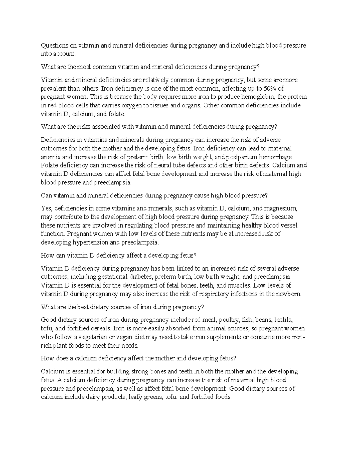 21 Questions on vitamin and mineral deficiencies during pregnancy and